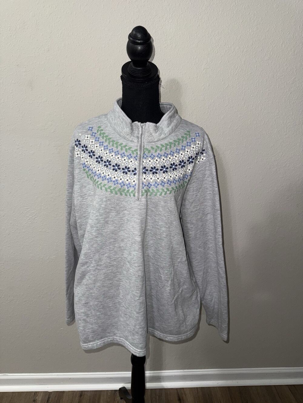 Blair Quarter Zip Sweatshirt XL Gray Floral Geometric Yoke Winter Cottagecore